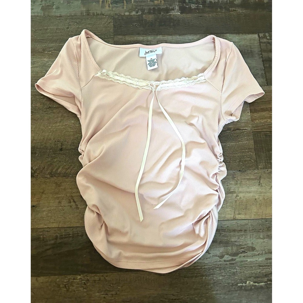 Just Polly New York Pink Solid Ruched Lace Bow Knit Top Scoop Neck Short M